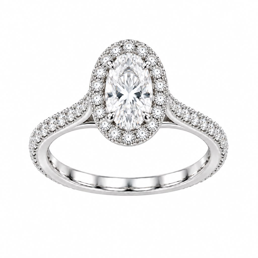 Solitario Halo Luna in oro bianco 18k