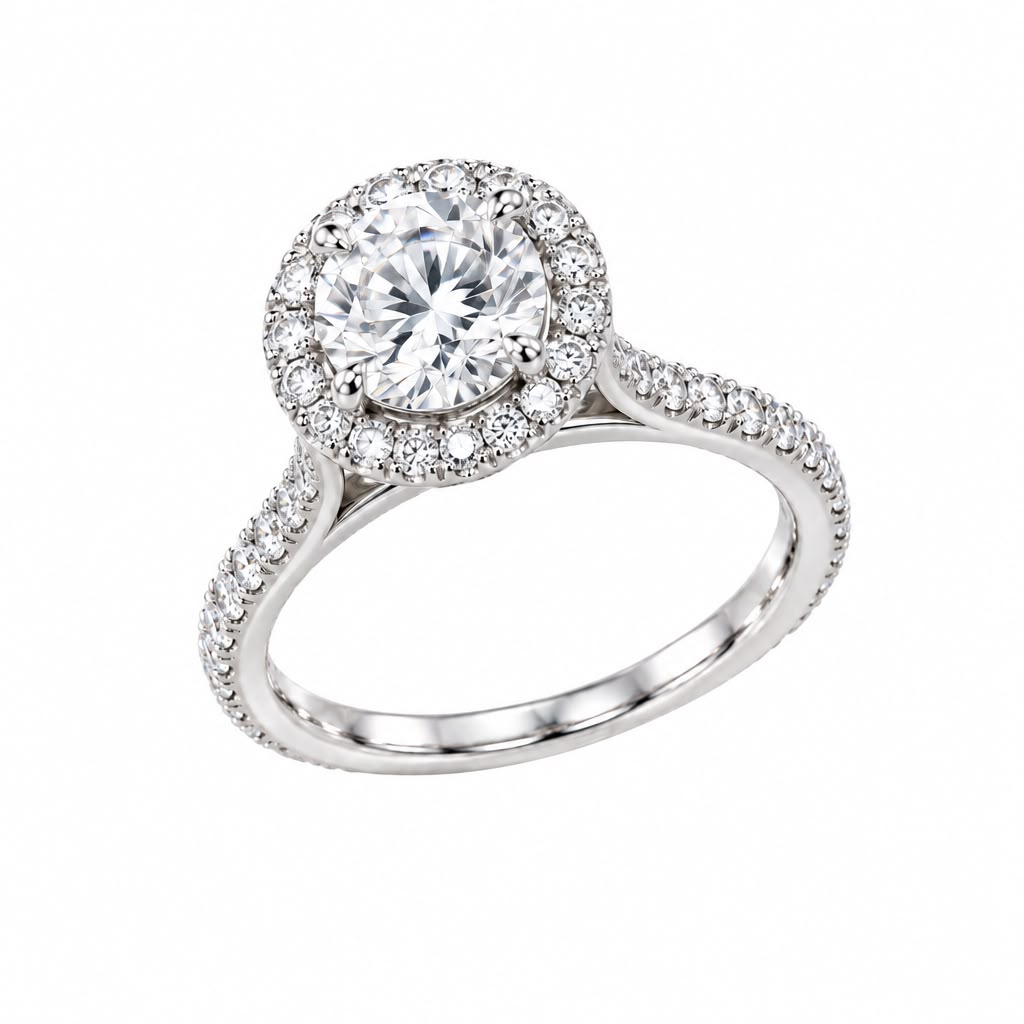Solitario Halo Sole in oro bianco 18k
